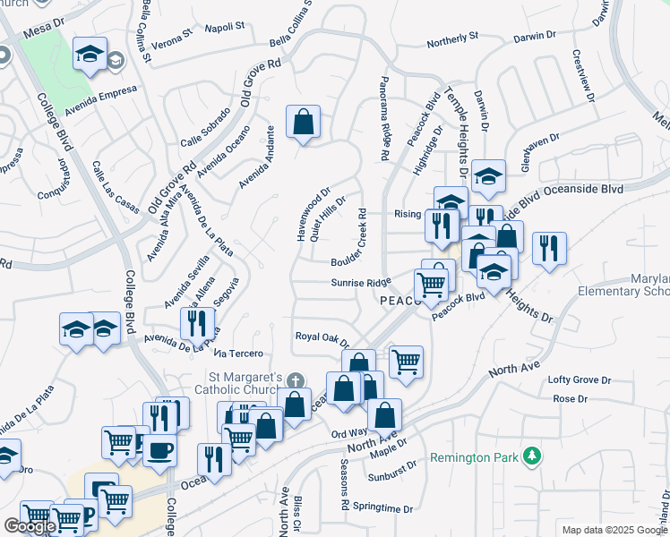 map of restaurants, bars, coffee shops, grocery stores, and more near 1654 Boulder Creek Road in Oceanside