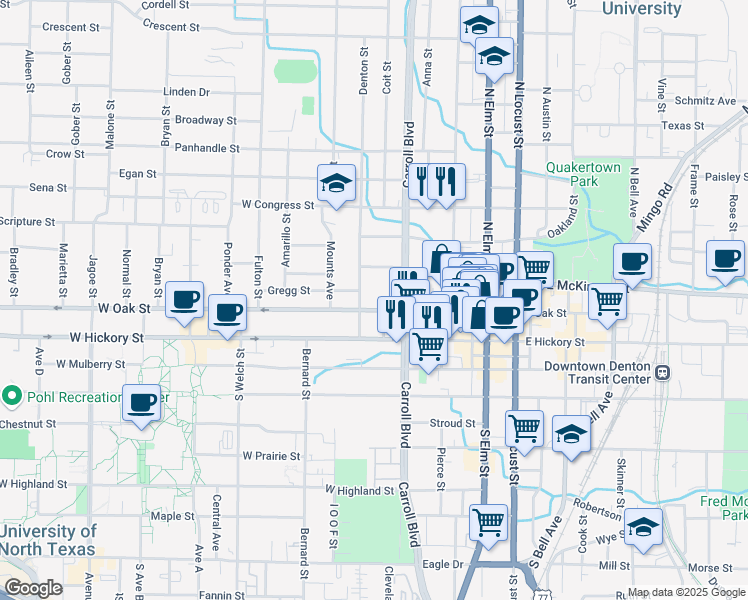 map of restaurants, bars, coffee shops, grocery stores, and more near 610 West Oak Street in Denton