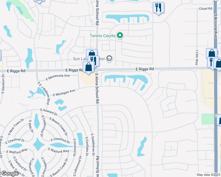 map of restaurants, bars, coffee shops, grocery stores, and more near 10501 East Michigan Avenue in Sun Lakes