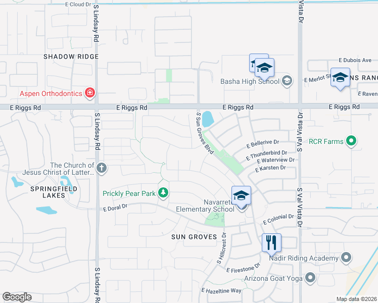 map of restaurants, bars, coffee shops, grocery stores, and more near 4415 East Cherry Hills Drive in Chandler