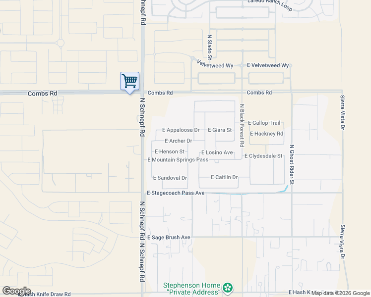 map of restaurants, bars, coffee shops, grocery stores, and more near 3806 East Henson Street in San Tan Valley