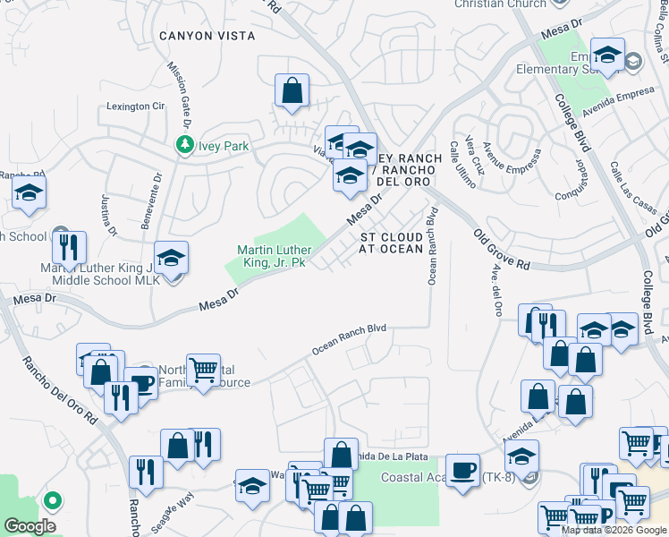 map of restaurants, bars, coffee shops, grocery stores, and more near 4301 Pacifica Way in Oceanside