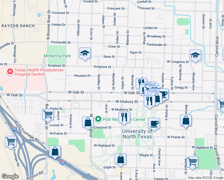 map of restaurants, bars, coffee shops, grocery stores, and more near 1800 West Oak Street in Denton