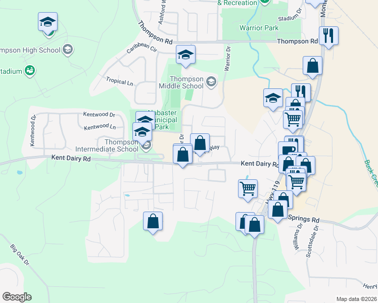 map of restaurants, bars, coffee shops, grocery stores, and more near 238 Park Place Way in Alabaster
