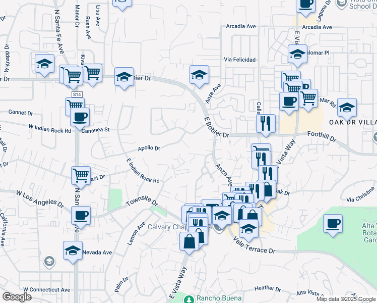 map of restaurants, bars, coffee shops, grocery stores, and more near 1223 Sunny Crest Circle in Vista