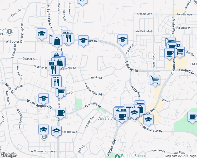 map of restaurants, bars, coffee shops, grocery stores, and more near 341 Apollo Drive in Vista
