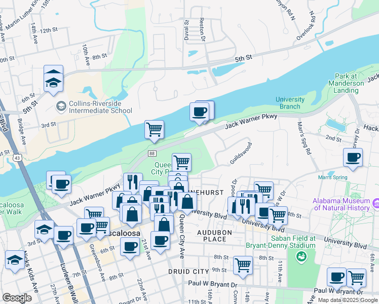 map of restaurants, bars, coffee shops, grocery stores, and more near 1745 Jack Warner Parkway Northeast in Tuscaloosa