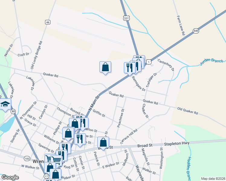 map of restaurants, bars, coffee shops, grocery stores, and more near 321-385 Quaker Road in Wrens