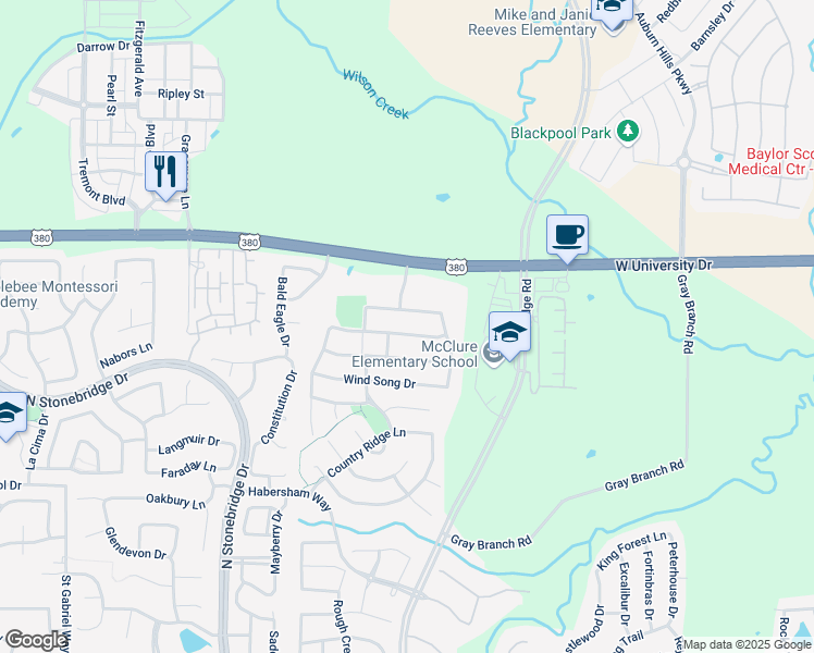 map of restaurants, bars, coffee shops, grocery stores, and more near 6408 Valley View Dr in McKinney