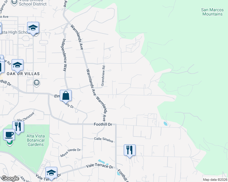 map of restaurants, bars, coffee shops, grocery stores, and more near 1221 Alessandro Lane in Vista