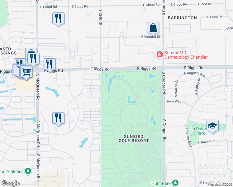 map of restaurants, bars, coffee shops, grocery stores, and more near 1581 East Cherry Hills Drive in Chandler