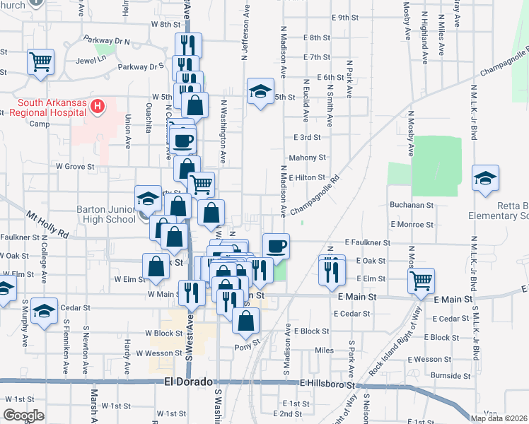 map of restaurants, bars, coffee shops, grocery stores, and more near 601 North Jackson Avenue in El Dorado