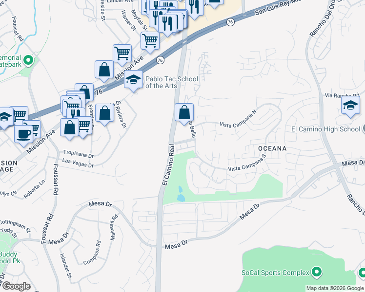 map of restaurants, bars, coffee shops, grocery stores, and more near 3625 Vista Oceana in Oceanside