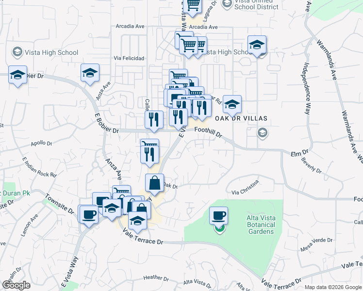 map of restaurants, bars, coffee shops, grocery stores, and more near 1092 Delpy View Point in Vista
