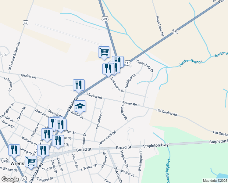 map of restaurants, bars, coffee shops, grocery stores, and more near 103 Carlyle Court in Wrens