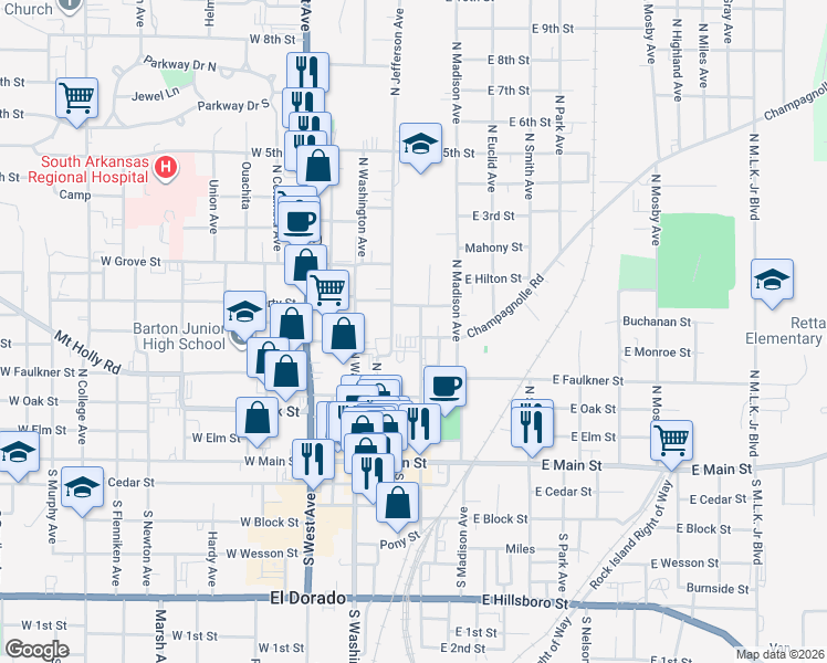 map of restaurants, bars, coffee shops, grocery stores, and more near 601 North Jackson Avenue in El Dorado