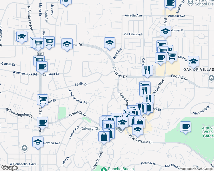 map of restaurants, bars, coffee shops, grocery stores, and more near 1223 Sunny Crest Circle in Vista
