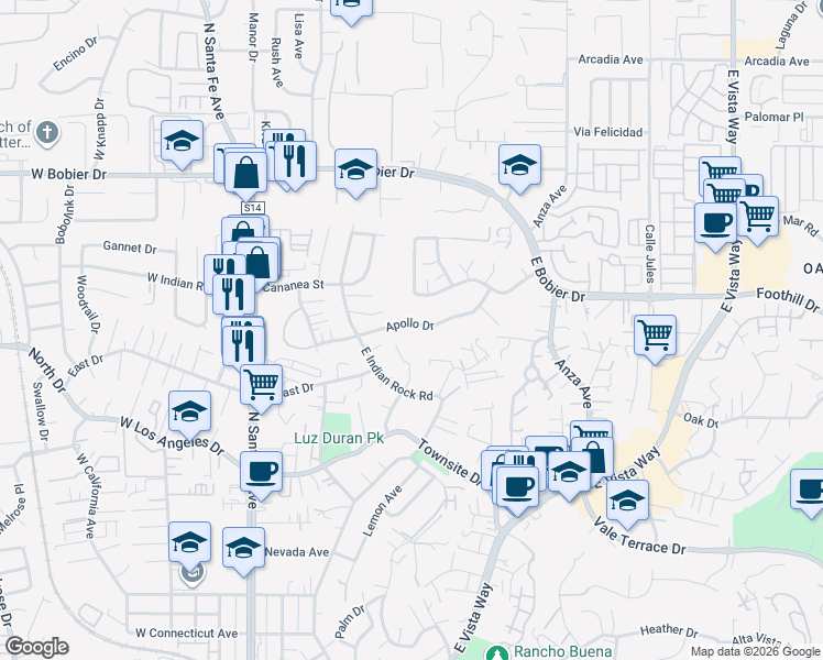 map of restaurants, bars, coffee shops, grocery stores, and more near 341 Apollo Drive in Vista