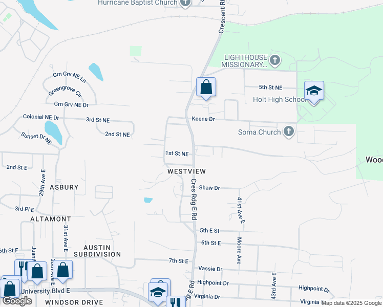 map of restaurants, bars, coffee shops, grocery stores, and more near 3737 1st Street East in Tuscaloosa