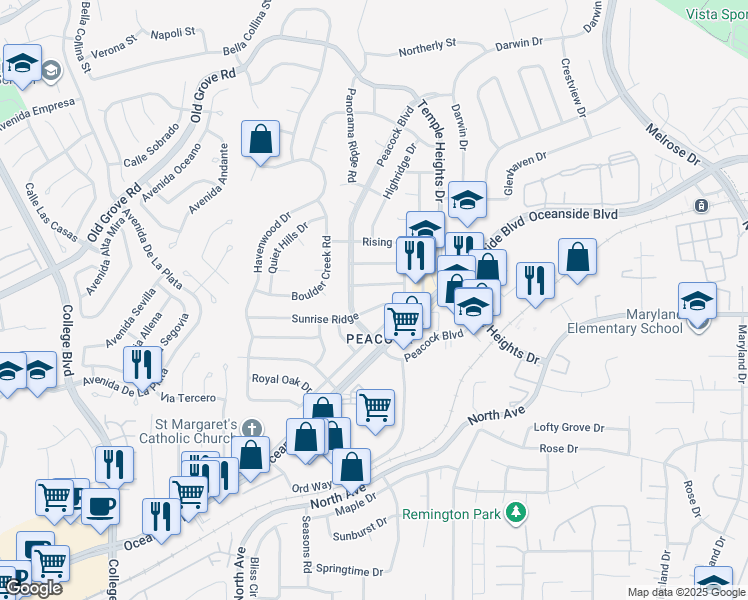 map of restaurants, bars, coffee shops, grocery stores, and more near 4728 Sunrise Ridge in Oceanside
