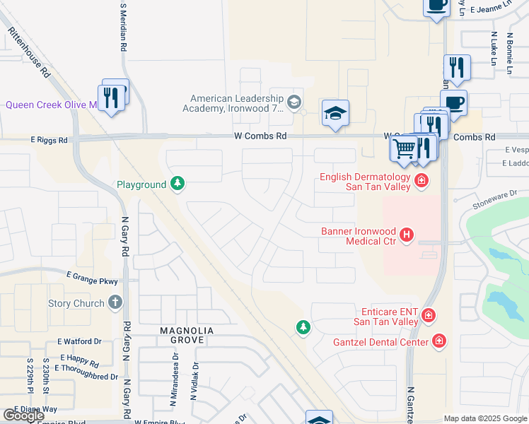 map of restaurants, bars, coffee shops, grocery stores, and more near 37120 Big Bend Road in San Tan Valley