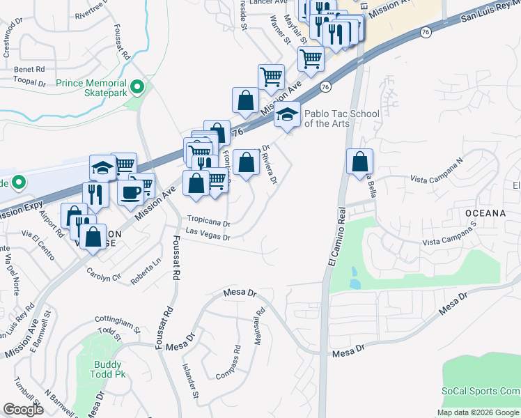 map of restaurants, bars, coffee shops, grocery stores, and more near 3430 Las Vegas Drive in Oceanside