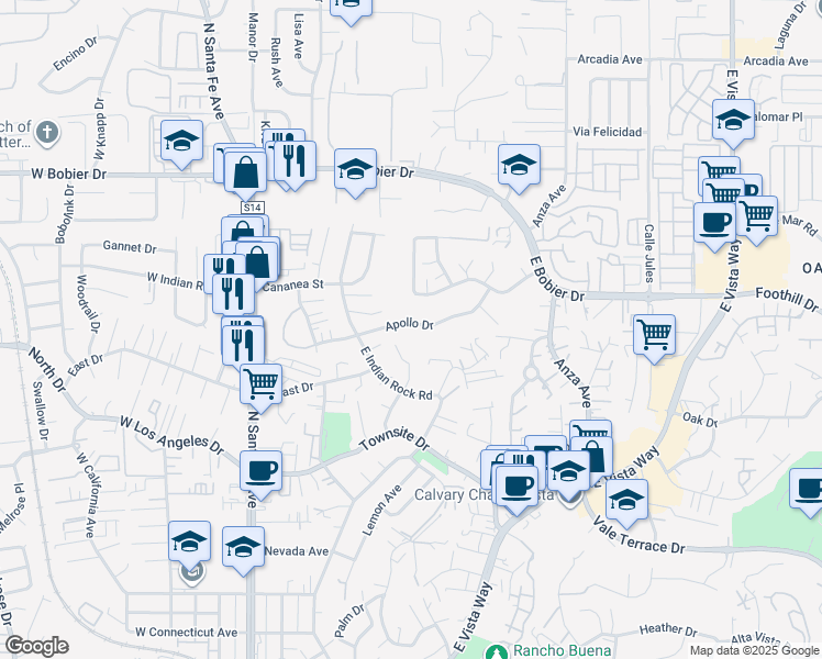 map of restaurants, bars, coffee shops, grocery stores, and more near 341 Apollo Drive in Vista
