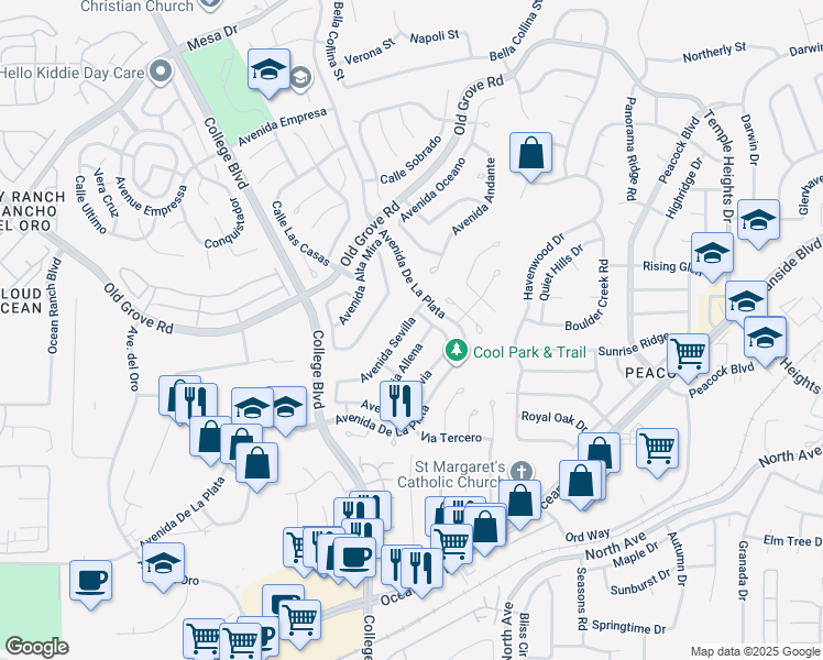 map of restaurants, bars, coffee shops, grocery stores, and more near 1737 Avenida Sevilla in Oceanside