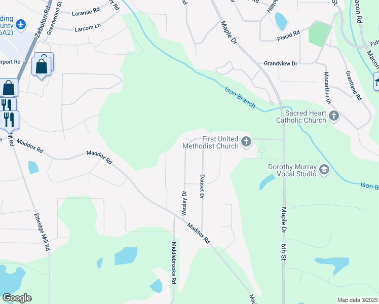 map of restaurants, bars, coffee shops, grocery stores, and more near 1460 Wesley Drive in Griffin