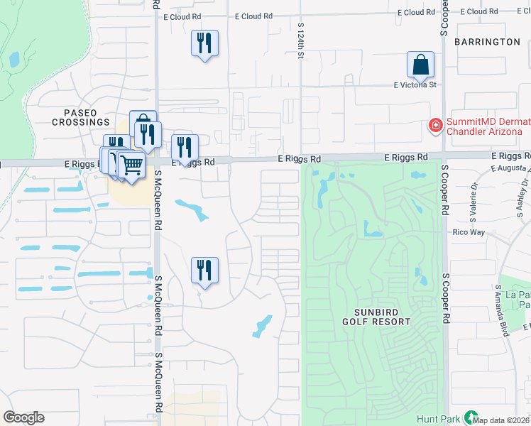 map of restaurants, bars, coffee shops, grocery stores, and more near 1363 East Cherry Hills Drive in Chandler