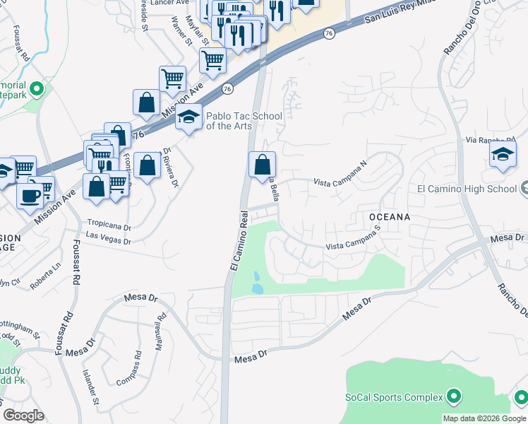map of restaurants, bars, coffee shops, grocery stores, and more near 3625 Vista Oceana in Oceanside