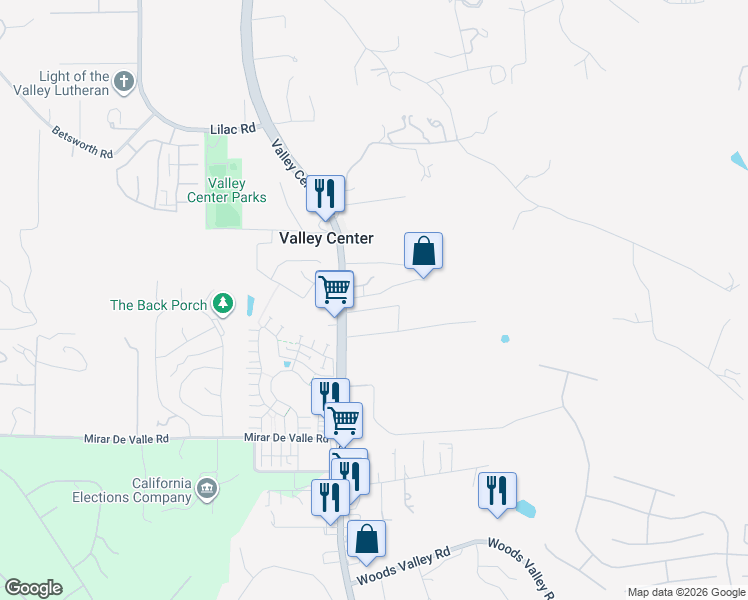 map of restaurants, bars, coffee shops, grocery stores, and more near 27845 Valley Center Road in Valley Center