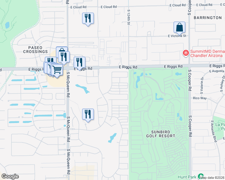 map of restaurants, bars, coffee shops, grocery stores, and more near 1363 East Cherry Hills Drive in Chandler