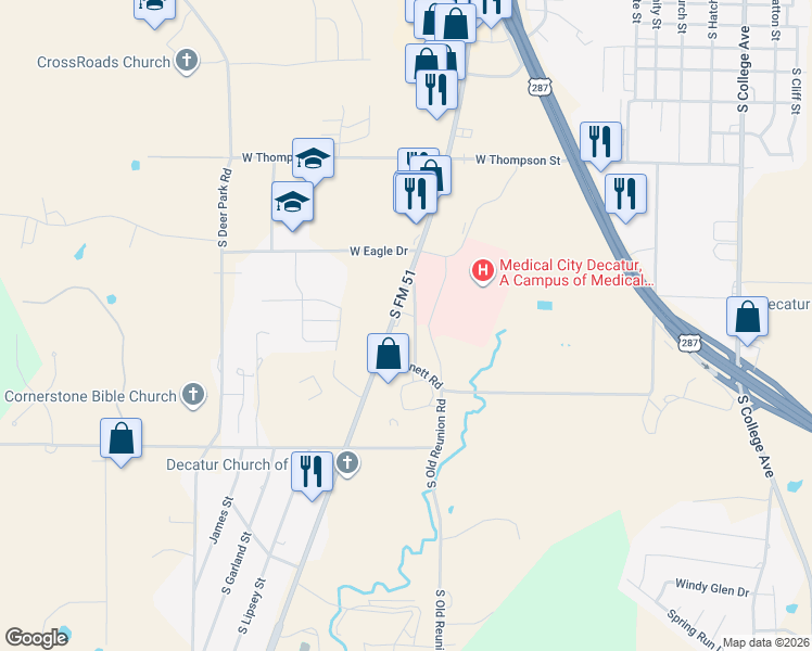 map of restaurants, bars, coffee shops, grocery stores, and more near 2201 Farm to Market 51 in Decatur