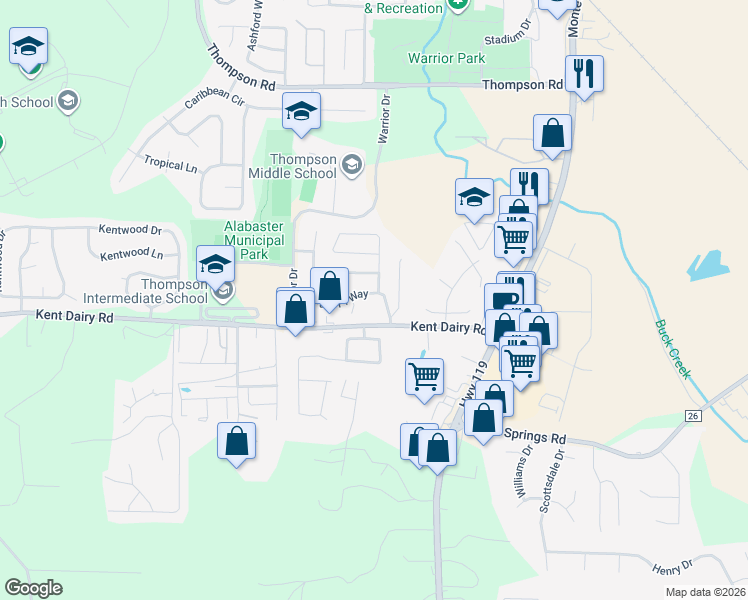 map of restaurants, bars, coffee shops, grocery stores, and more near 274 Park Place Way in Alabaster
