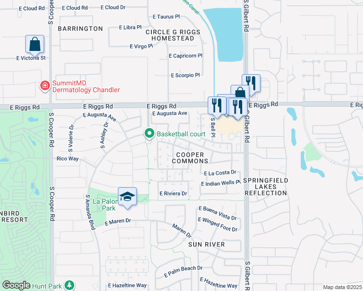 map of restaurants, bars, coffee shops, grocery stores, and more near 2664 East Bellerive Drive in Chandler