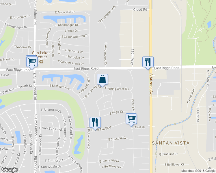 map of restaurants, bars, coffee shops, grocery stores, and more near 10906 East Spring Creek Road in Sun Lakes