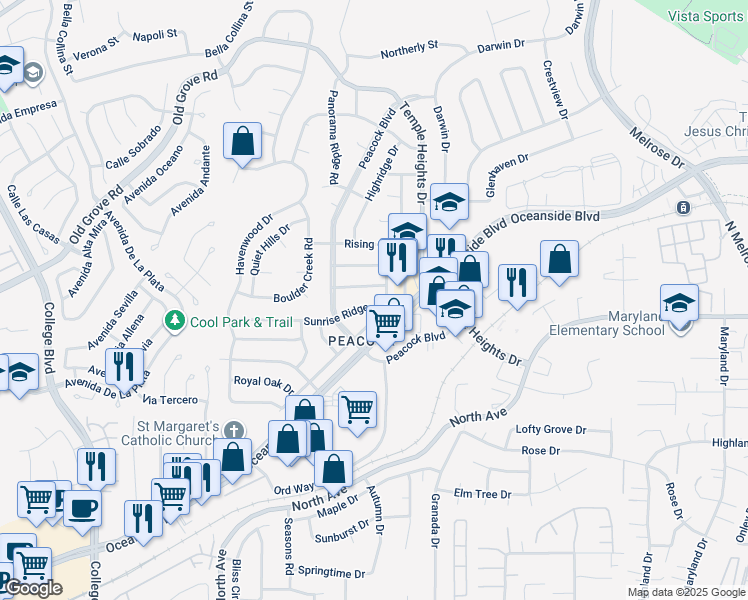 map of restaurants, bars, coffee shops, grocery stores, and more near 4746 Sunrise Ridge in Oceanside