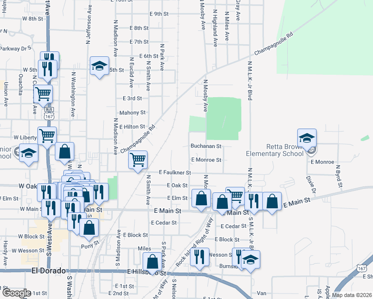 map of restaurants, bars, coffee shops, grocery stores, and more near 501-599 Stuart Avenue in El Dorado