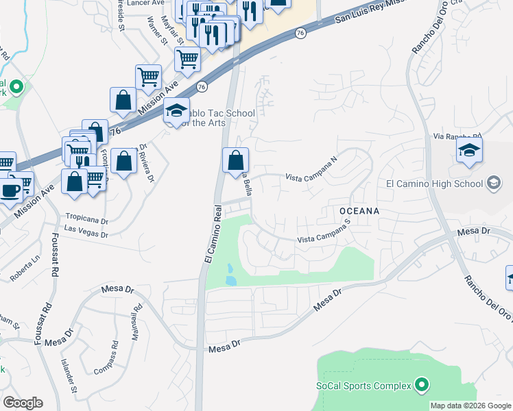 map of restaurants, bars, coffee shops, grocery stores, and more near 3636 Vista Oceana in Oceanside