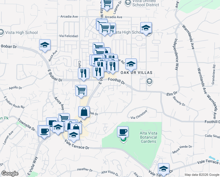 map of restaurants, bars, coffee shops, grocery stores, and more near 1097 Delpy View Ln in Vista