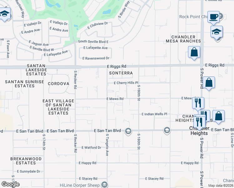 map of restaurants, bars, coffee shops, grocery stores, and more near 17838 East Mews Road in Queen Creek