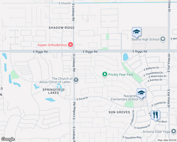 map of restaurants, bars, coffee shops, grocery stores, and more near 6181 South Pearl Drive in Chandler