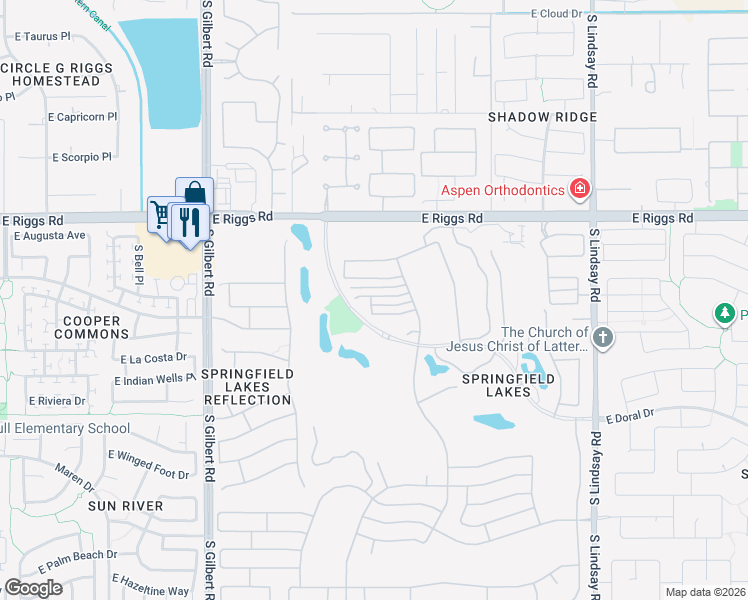 map of restaurants, bars, coffee shops, grocery stores, and more near 3446 East Waterview Drive in Chandler
