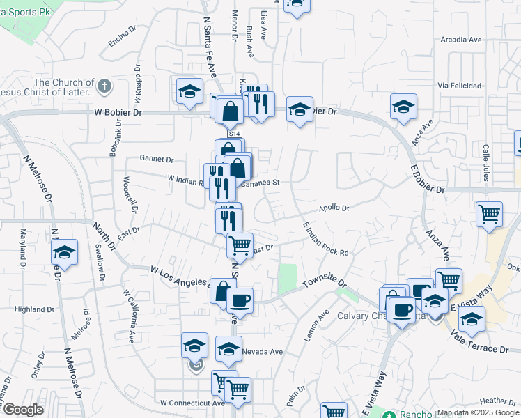 map of restaurants, bars, coffee shops, grocery stores, and more near 13-24 North Citrus Avenue in Vista