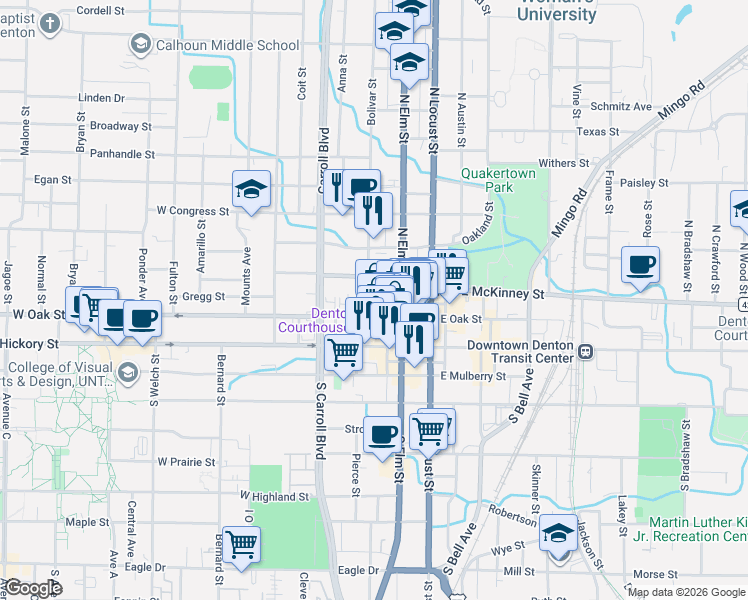 map of restaurants, bars, coffee shops, grocery stores, and more near 300 West Oak Street in Denton