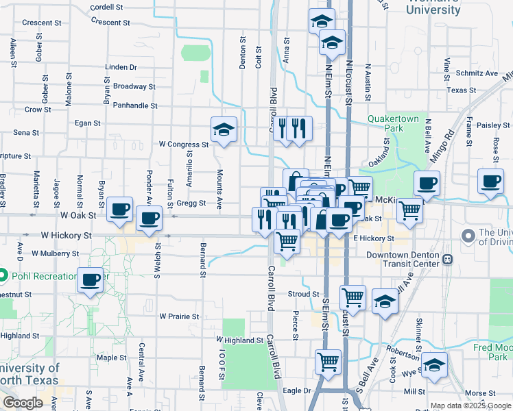 map of restaurants, bars, coffee shops, grocery stores, and more near 610 West Oak Street in Denton
