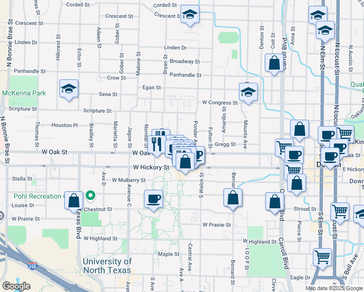 map of restaurants, bars, coffee shops, grocery stores, and more near 1226 West Oak Street in Denton