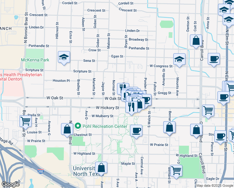 map of restaurants, bars, coffee shops, grocery stores, and more near 204 Normal Street in Denton