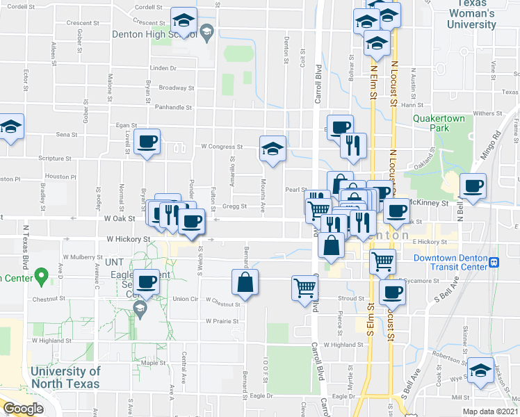 map of restaurants, bars, coffee shops, grocery stores, and more near 213 Mounts Avenue in Denton